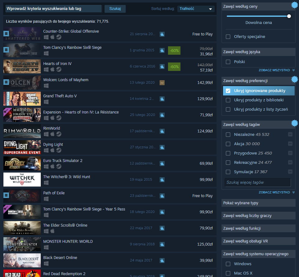 Steam - nowa wyszukiwarka