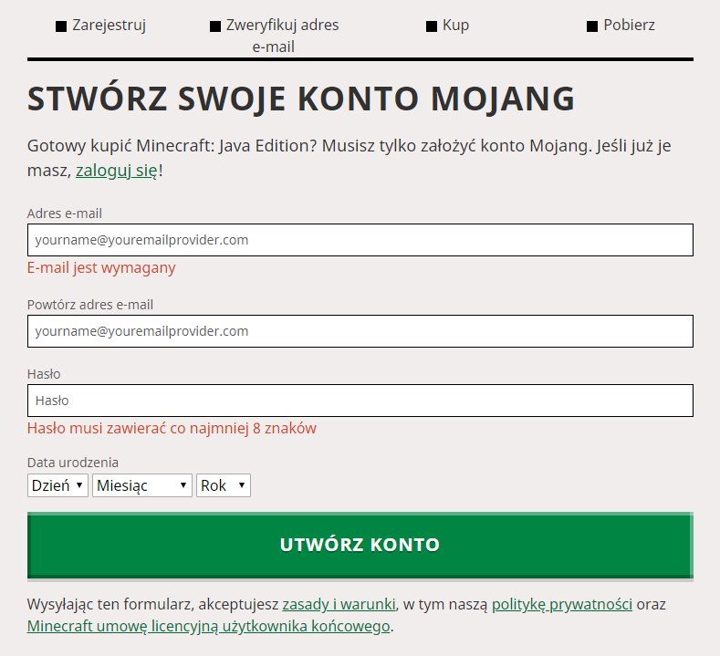 Minecraft założenie konta