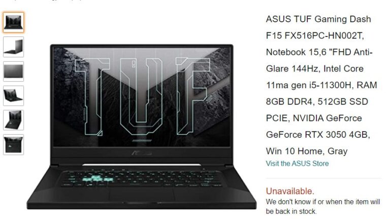 Laptop ASUS TUF Dash F15, pojawił się w sklepie Amazon z kartą graficzną GeForce RTX 3050