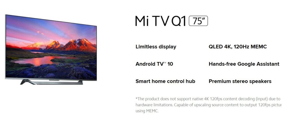Xiaomi Mi Q1 TV z HDMI 2.1 i panelem 120 Hz, nie obsługuje 120 Hz