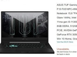 Laptop ASUS TUF Dash F15, pojawił się w sklepie Amazon z kartą graficzną GeForce RTX 3050