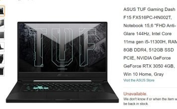 Laptop ASUS TUF Dash F15, pojawił się w sklepie Amazon z kartą graficzną GeForce RTX 3050